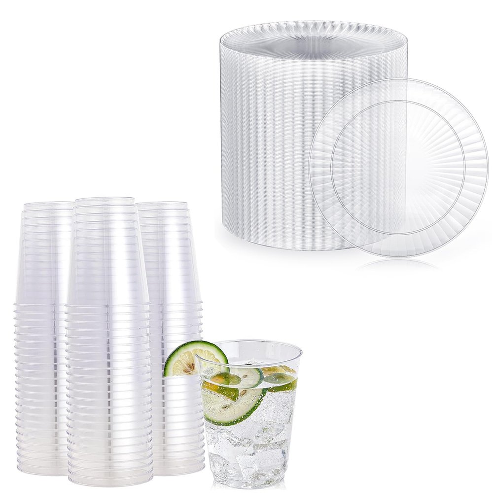 FOCUSLINE 100 Count 7 Inch Clear Plastic Plates & 100 Count 10 oz Clear Plastic Cups, Heavy Duty Plastic Dessert Plates and Fancy Disposable Clear Cups for Weddings, Parties and Events