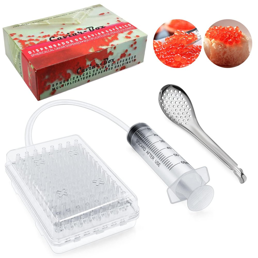 Caviar Maker Box, Spherification Kit, Spherification Dropper, Molecular Gastronomy Kit, 96 Holes Roe Sauce Dispenser Strainer Tools with Caviar Spoon (Spherification Kit)