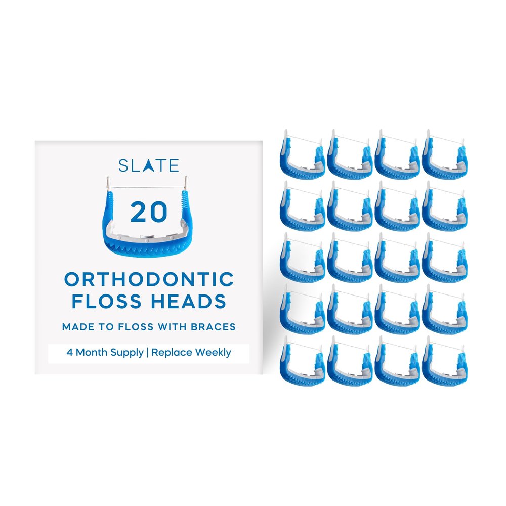 Slate Electric Flosser | 3-in-1 Dentist-Invented with Reusable Floss Heads, Gum Brushes & Tongue Scraper | More Effective Than String or Water Floss (Orthodontic, 20-Pack Floss Heads)