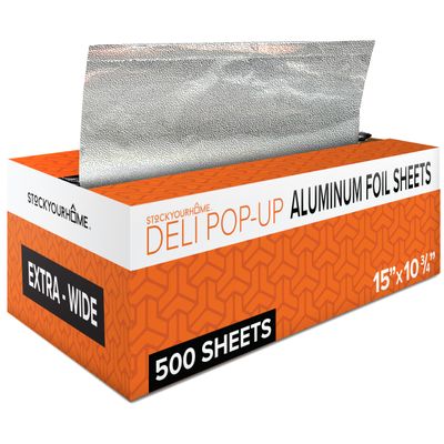 Pre-Cut Deli Aluminum Foil Sheets (500 Count)  15 Extra-Wide Heavy-Duty Pop-Up Sheets for Restaurant Use, Disposable Tin Foil for Burritos, Hot Dogs & Sandwiches