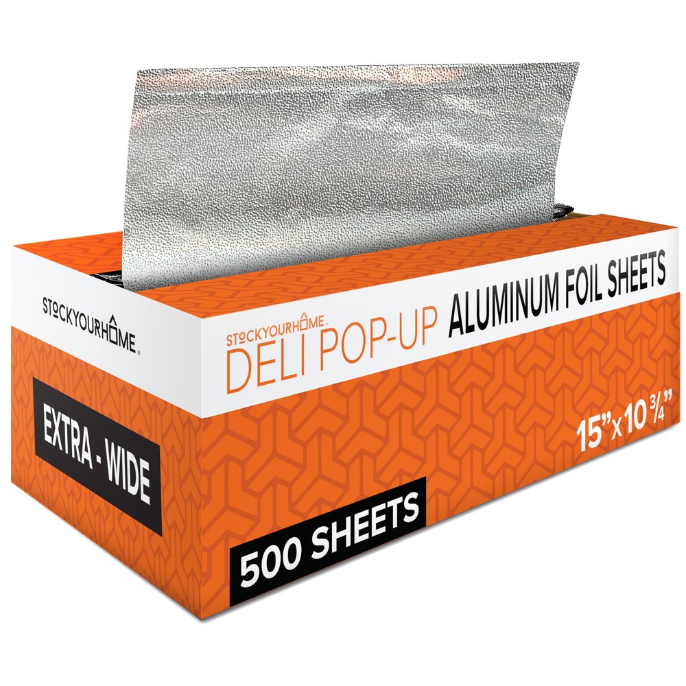 Pre-Cut Deli Aluminum Foil Sheets (500 Count) 15 Extra-Wide Heavy-Duty Pop-Up Sheets for Restaurant Use, Disposable Tin Foil for Burritos, Hot Dogs & Sandwiches