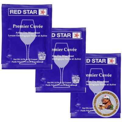 Red Star Premier Cuvee Wine Yeast (3 Pack) - Great for Making Wine Cider Mead Kombucha at Home - 5 g Sachets - Saccharomyces cerevisiae - Sold by CAPYBARA Distributors Inc.