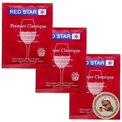 Red Star Premier Classique Wine Yeast (3 Pack) - Great for Making Wine Cider Mead Kombucha at Home - 5 g Sachets - Saccharomyces cerevisiae - Sold by CAPYBARA Distributors Inc.