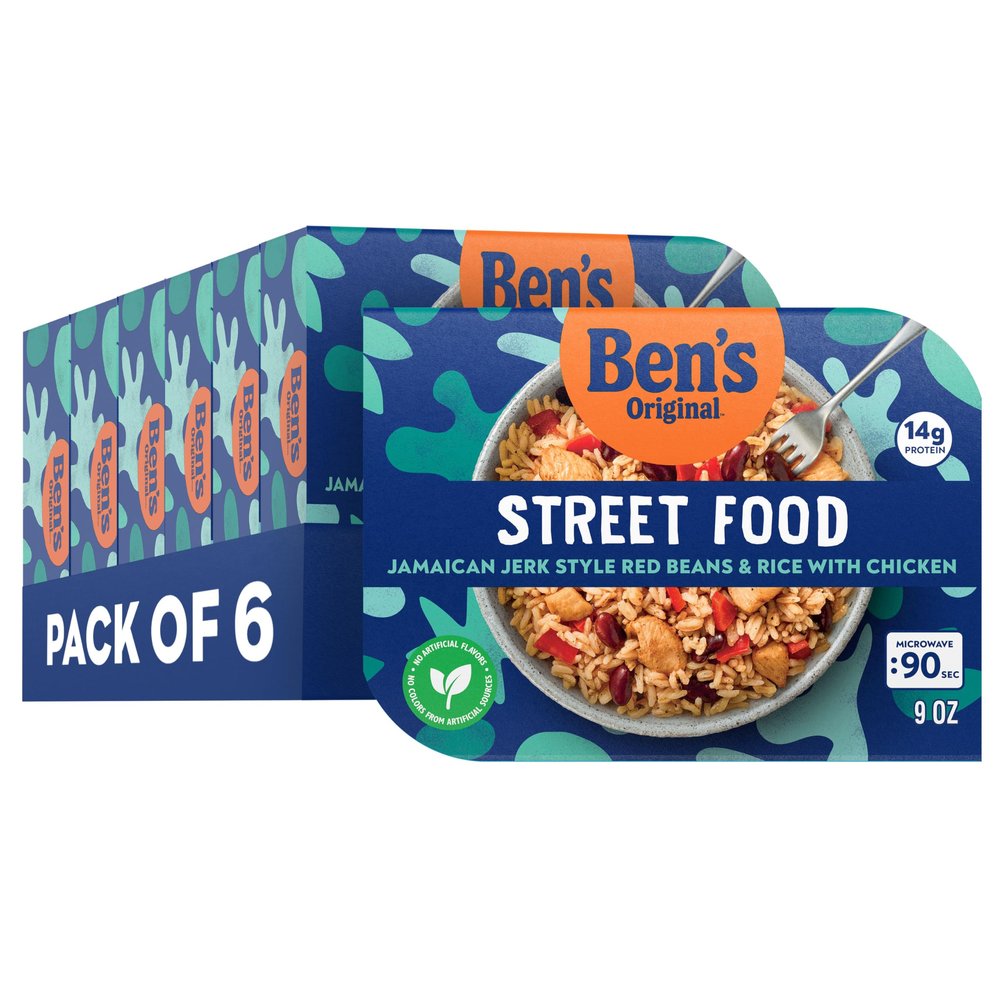 BEN'S ORIGINAL Street Food Jamaican Jerk Style Beans & Rice with Chicken, Prepared Entre, Microwavable Heat-&-Eat Bowl in 90 Seconds, 9 oz (Pack of 6)