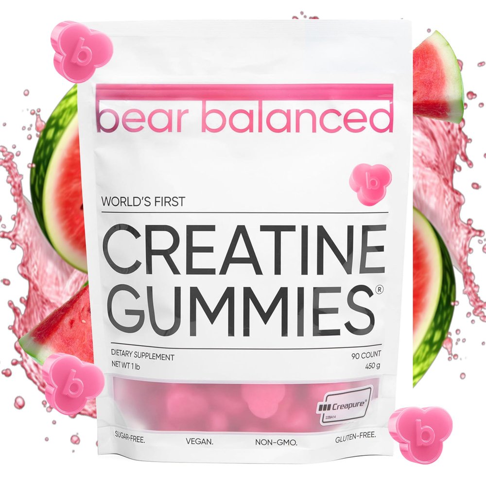 Bear Balanced Creatine Gummies for Men & Women - Creapure Creatine Monohydrate, L-Theanine, L-Tyrosine & B12 for Muscle Growth, Strength, Focus, Energy & Health - Low Calorie, Sugar-Free, & Vegan