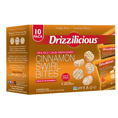 Drizzilicious Mini Flavored Rice Cakes Cinnamon Swirl - Rice Crisps, Healthy Snack for Adults and Kids, Vegan, Gluten Free Snack, Allergen Free, Only 90 Calories Per Bag - 0.74 oz (Pack of 10)