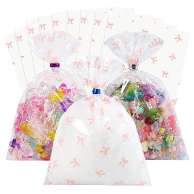 Docvania Cello Cellophane Treat Gift Bags Pink bow Cookie Bags 100 pcs 5 X 7 Goodie Bag with Ties for Mother's Day, Valentine's Day and Parties, Weddings