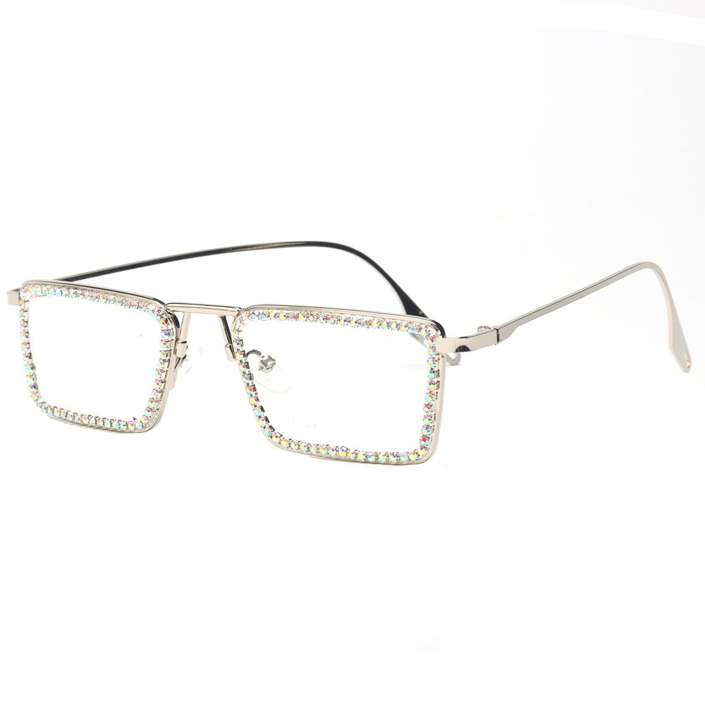 Retro Frame Square Bling Rhinestone Punk Sparkling Crystal Reading Glasses For Women Blue Light Blocking Readers (silver/AB, 1.0, multiplier_x)