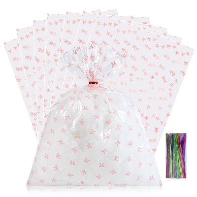 SOMIOCO Clear 50 PCS 12X16 In Cello Cellophane Treat Bags Party Favor Bags Pink Candy Cookie Bags Plastic Gift Goodie Bags with Twist Tie for Birthday,Baby shower,Wedding (Bow pattern)