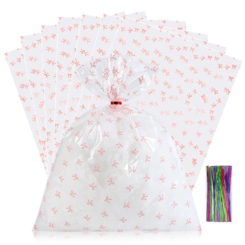 SOMIOCO Clear 50 PCS 12X16 In Cello Cellophane Treat Bags Party Favor Bags Pink Candy Cookie Bags Plastic Gift Goodie Bags with Twist Tie for Birthday,Baby shower,Wedding (Bow pattern)