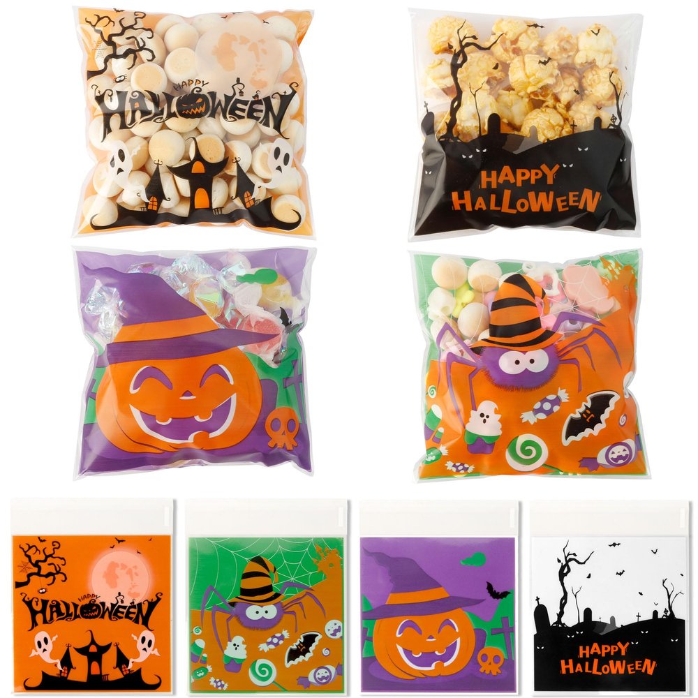 100 PCS Halloween Treat Ziplock bags(4x4 Inch) Self-sealing Candy Cookie Goodie Goody Small Gift Wrap Bags for Halloween Party Favors Supplies Decorations Spider Web Bat Pumpkin Pouches Table Decor