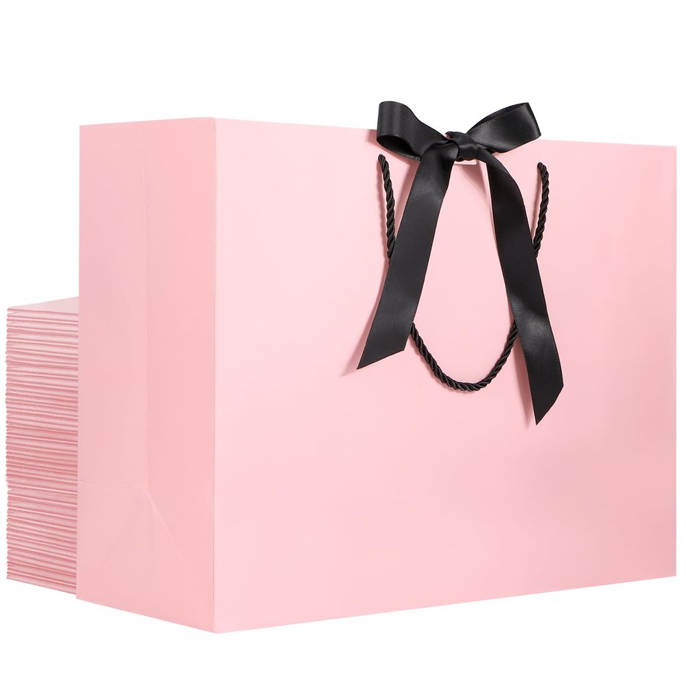 EUSOAR Thank You Gift Bags, 25pcs 16"x6"x12" Large Pink Gift Paper Bags with Ribbon Handles, Heavy Duty Shopping Wedding Birthday Party Favor Paper Gift Treat Bags Bulk