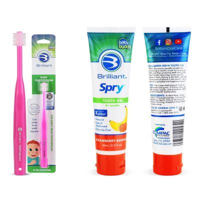 Brilliant Oral Care Bundle; Pack of 1 Baby Toothbrush with Soft Bristles and Round Head - Pink & Pack of 1 Kids Fluoride Free Toothpaste, Spry Gel with Xylitol, Strawberry Banana Flavor