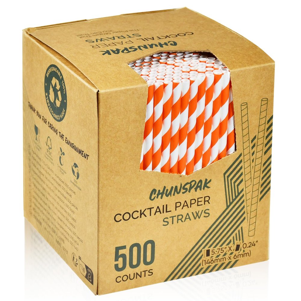 Chunspak 5.75 inch Orange Paper Cocktail Straws, Short Disposable Drinking Straws 500 Counts, Unwrapped - Compostable