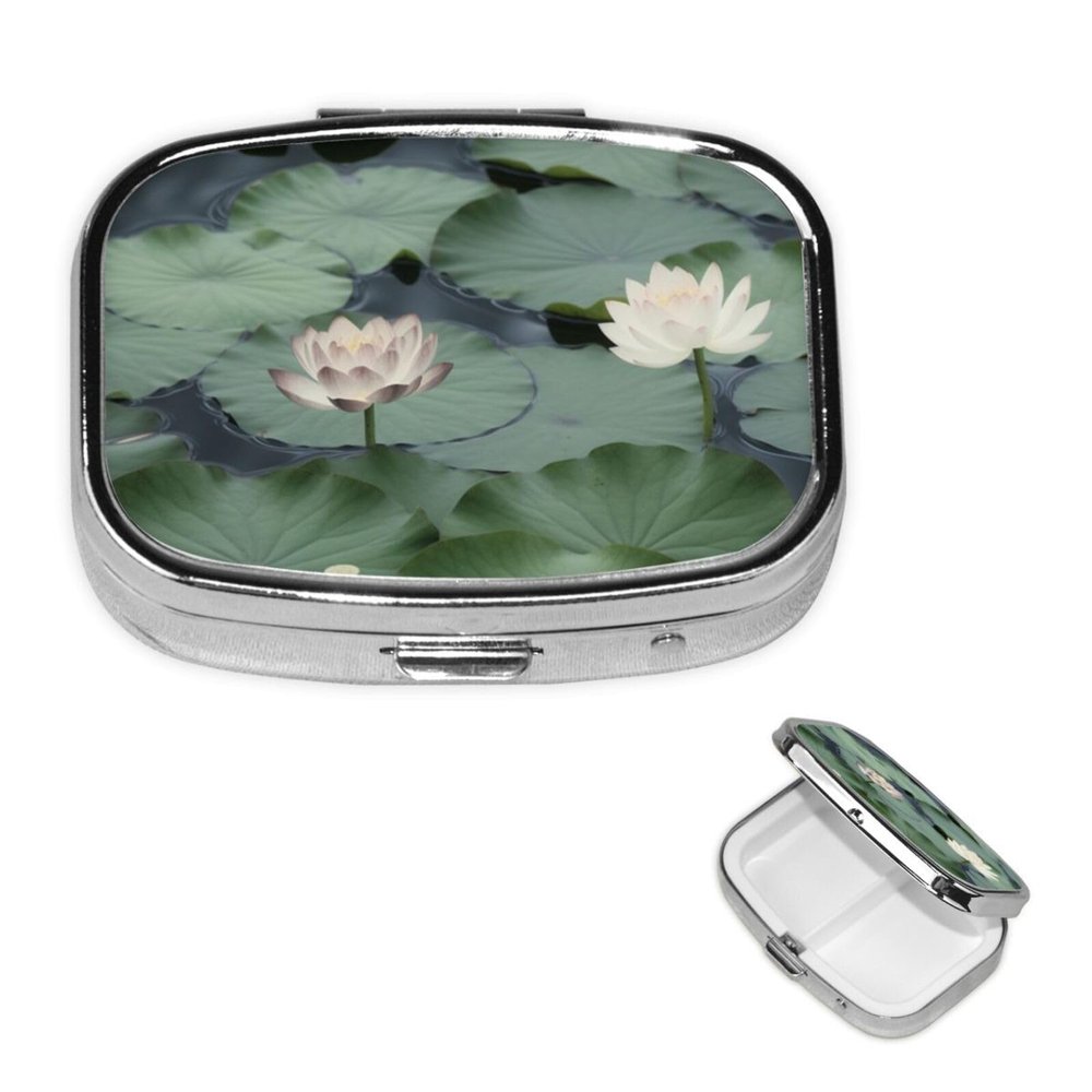 Pill Box Black Lily Pads Square Pill Case for Purse Pocket 3 Compartment Medicine Pill Organizer Small Metal Pill Container Holder Portable Travel Pillbox to Hold Vitamins Fish Oil Supplements