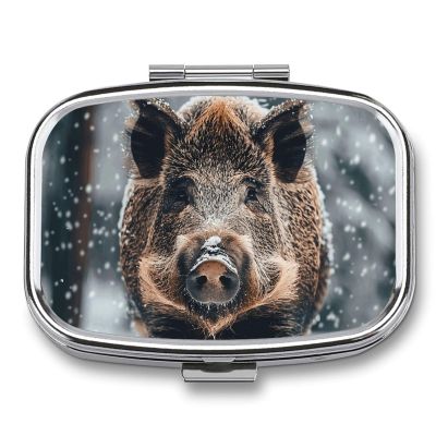 Pill Box Wild Boar Square Pill Case Mini Metal Travel Pillbox for Purse Small Cute 2 Compartment Medicine Pill Organizer Portable Pill Container Holder for Daily Medicine Vitamin