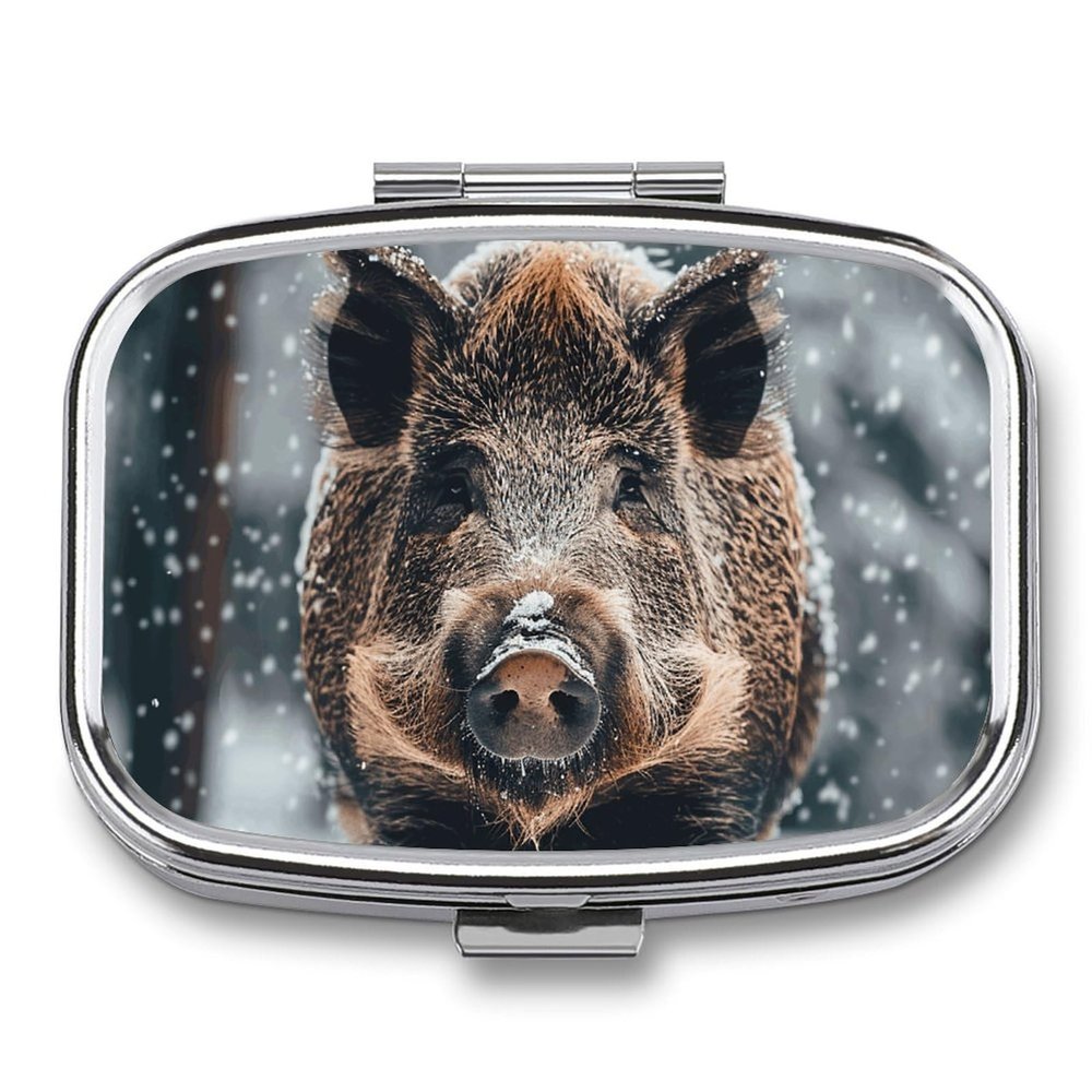 Pill Box Wild Boar Square Pill Case Mini Metal Travel Pillbox for Purse Small Cute 2 Compartment Medicine Pill Organizer Portable Pill Container Holder for Daily Medicine Vitamin