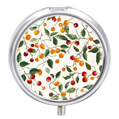 Pill Box 3 Compartment Medicine Pill Case Portable Round Pillbox Week Pill Holder Container for Vitamin Medicine Supplement Cherries and Tomatoes Small Pill Organizer