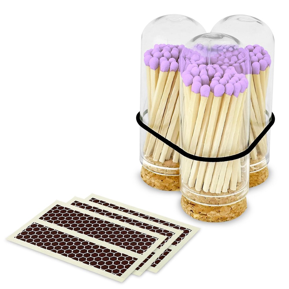 2" Lilac Matches with 3 Mini Cloche Jar + Striker Stickers Included | 100 Stylish Decorative Matches with Small Cork Top Glass Holder | Gifts, Home Decor, & Candle Accessories by Thankful Greetings