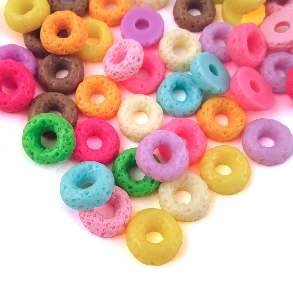 picocosmxiruo 25Pcs Multicolor Fruit Rings Cereal Cabochons, Assorted Fruit Donut Cabochons, Faux Food,Fake Food,Fake Bakes,Food Props(NOT Edible)