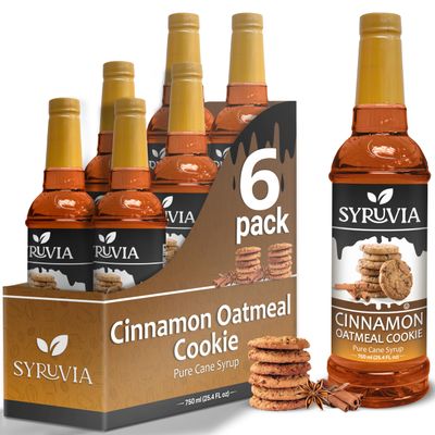 Cinnamon Oatmeal Cookie Syrup by Syruvia 6-Pack, 25.4 fl oz, Wholesale Coffee Syrup Shops, Cafes, Baristas, Bistros, & Beverage Bars, Bulk Kosher & Gluten-Free