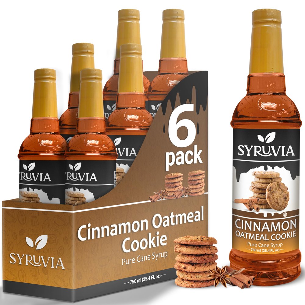 Cinnamon Oatmeal Cookie Syrup by Syruvia 6-Pack, 25.4 fl oz, Wholesale Coffee Syrup Shops, Cafes, Baristas, Bistros, & Beverage Bars, Bulk Kosher & Gluten-Free