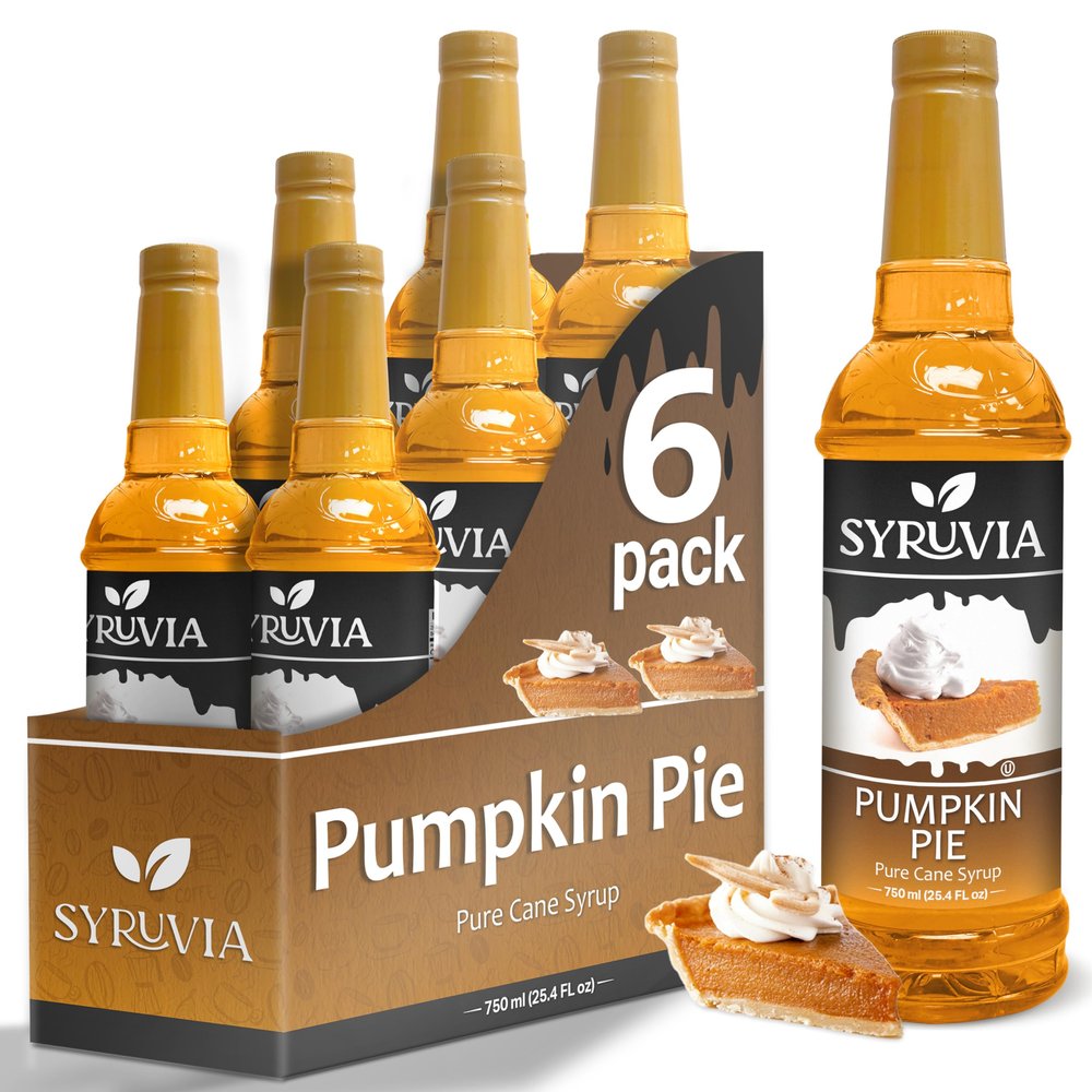 Pumpkin Pie Syrup by Syruvia 6-Pack, 25.4 fl oz, Wholesale Coffee Syrup Shops, Cafes, Baristas, Bistros, & Beverage Bars, Bulk Kosher & Gluten-Free