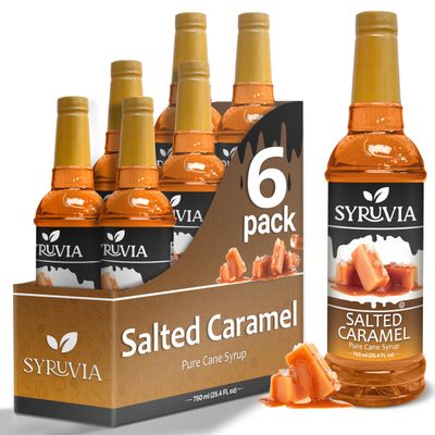 Salted Caramel Syrup by Syruvia 6-Pack, 25.4 fl oz, Wholesale Coffee Syrup Shops, Cafes, Baristas, Bistros, & Beverage Bars, Bulk Kosher & Gluten-Free