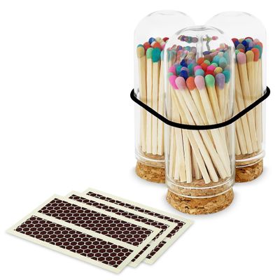 2" Rainbow Matches with 3 Mini Cloche Jar + Striker Stickers Included | 100 Colorful Rainbow Decorative Matches with Small Glass Holder | Gifts, Home Decor, & Candle Accessories by Thankful Greetings