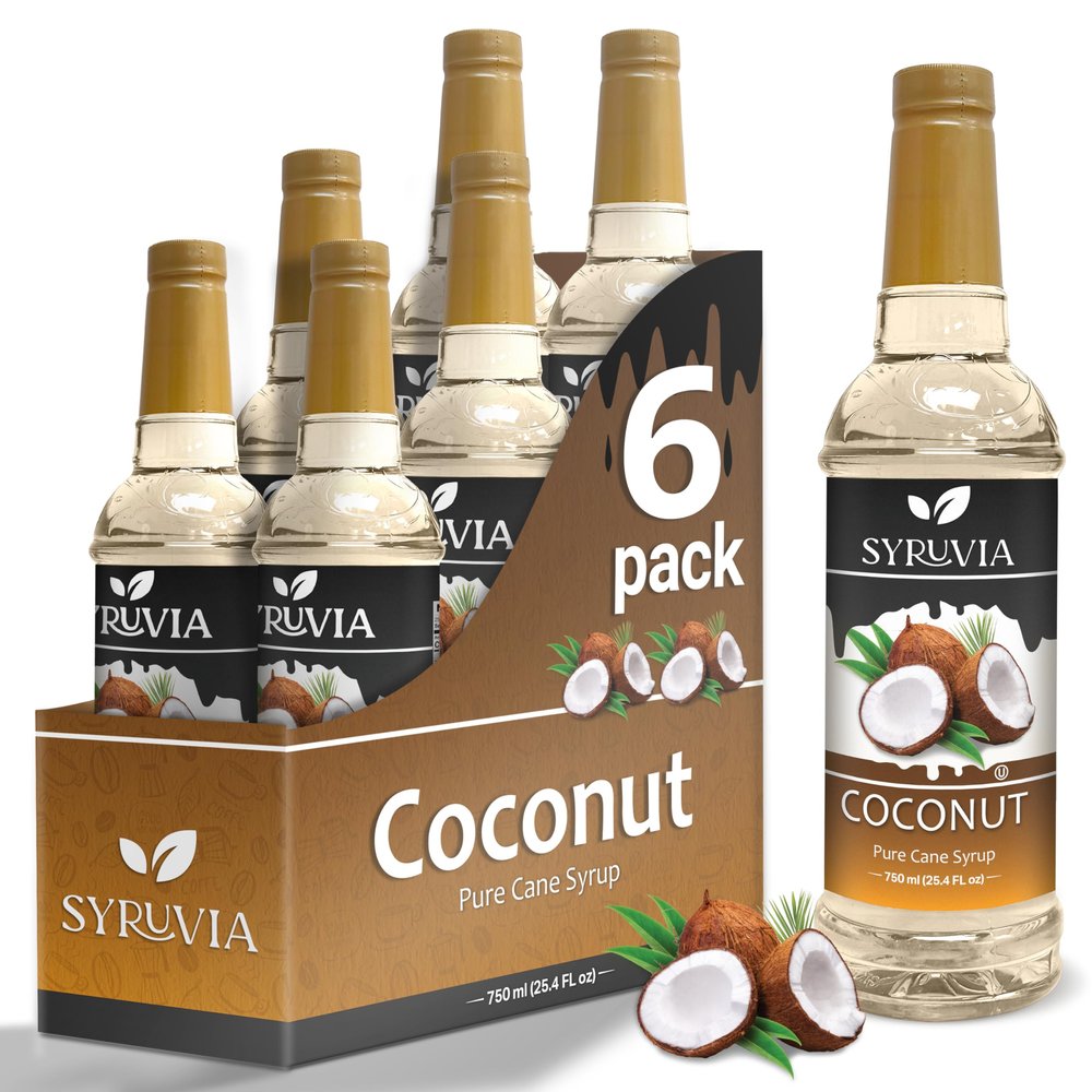 Coconut Syrup by Syruvia 6-Pack, 25.4 fl oz, Wholesale Coffee Syrup Shops, Cafes, Baristas, Bistros, & Beverage Bars, Bulk Kosher & Gluten-Free