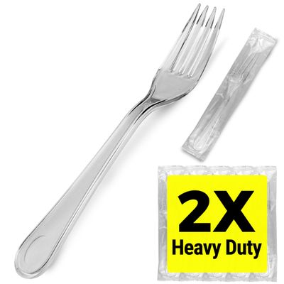 2X Heavy Duty Clear Plastic Forks Individually Wrapped 100 Count, Sturdy Like Silverware, Perfect for Event Catering, Party, and Take out.