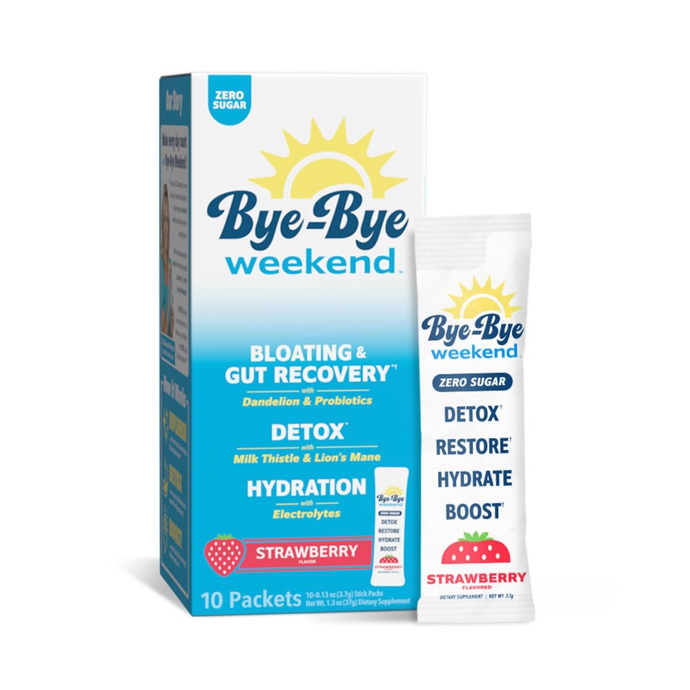 Bye-Bye Weekend Detox Drink Mix w/Electrolytes - for Bloating, Recovery, Fatigue, Brain Fog - Probiotics, Lions Mane, Milk Thistle - Zero Sugar Strawberry - 10 Pack