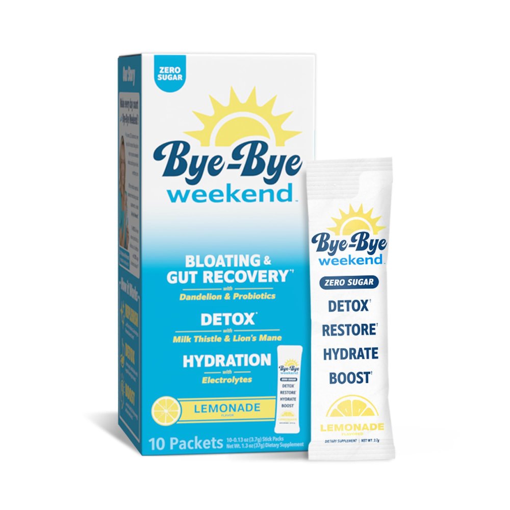 Bye-Bye Weekend Detox Drink Mix w/Electrolytes - for Bloating, Recovery, Fatigue, Brain Fog - Probiotics, Lions Mane, Milk Thistle - Zero Sugar Lemonade - 10 Pack