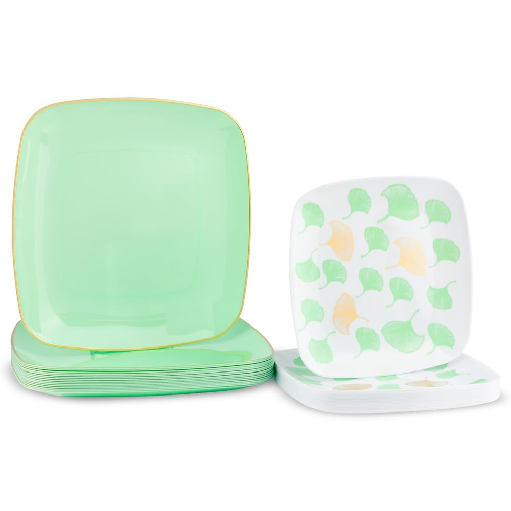 Dining Collection Party Plastic Plates - Combo Pack Square Plates - Elegant Ginkgo Leaf Design in Mint Green, White & Gold, 32 Count, 7.25 & 10, (16 of Each Size)