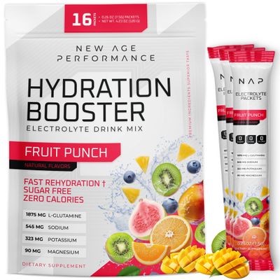 New Age Performance Hydration Packets, Electrolytes Powder, Liquid Enhancer for Dehydration Relief, L-Glutamine Amino Acids for Muscle Workout Recovery, Sugar Free & 0 Calorie, 16 Sticks (Fruit Punch)