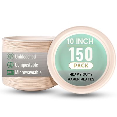 [150 Pack - 10 Inch] Eco-Friendly 100% Compostable Disposable Microwavable Sugarcane Paper Plates - Heavy-Duty Unbleached