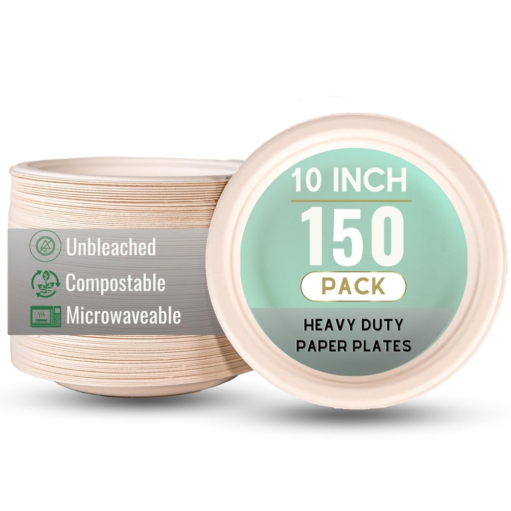 [150 Pack - 10 Inch] Eco-Friendly 100% Compostable Disposable Microwavable Sugarcane Paper Plates - Heavy-Duty Unbleached