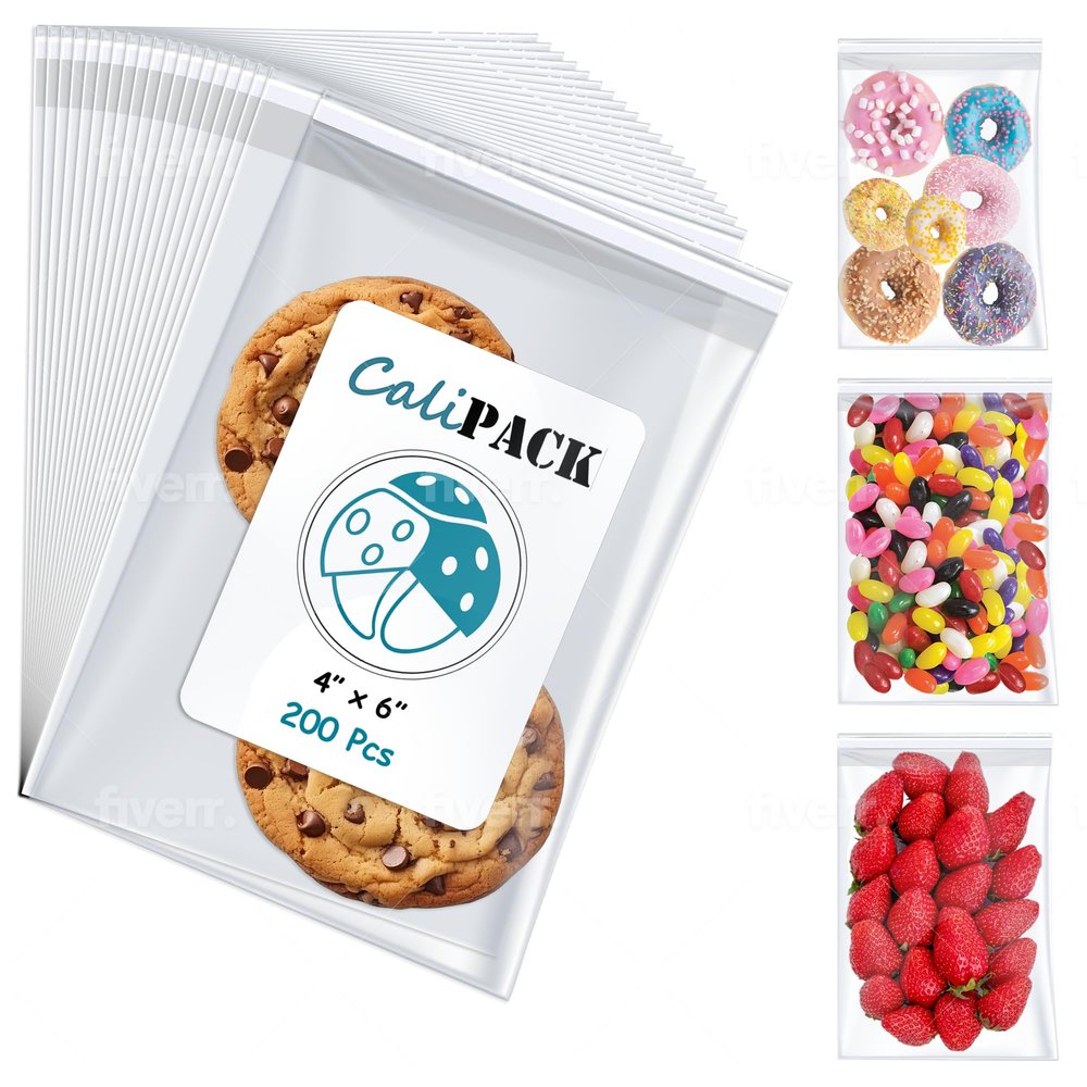 CaliPack 4" X 6" (200 Pack) Cellophane Bags w/Adhesive Self Adhesive, Resealable, Clear Gift Wrap Cellophane Bags Cookies, Treats, Sweets, Candy, Bakery, Art Prints, Photos, Envelopes