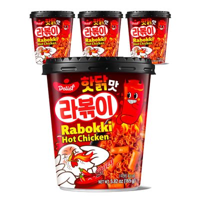 DELIEF Rabokki Hot Chicken Flavor 165g/5.82oz - Pack of 4, Korean Street Food, Ramen Noodle and Tteokbokki Rice Cake Combined in 1 - Quick and Easy Meal
