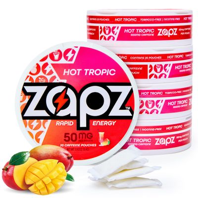 ZAPZ Caffeine Pouches, Hot Tropic, 5 Cans x 20 Count, Energy Pouches with 50mg Caffeine, Nootropic Focus Support, Niacin, L-Theanine, L-Tyrosine, Sugar Free, No Coffee Grinds
