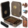 AWOTE Travel Cigar Humidor Case - Cedar Lined, V Cut Cutter, Portable Humidor with Humidifier & Hygrometer, Holds 7-9 Cigars, Includes Lighter - Gift Set view 1
