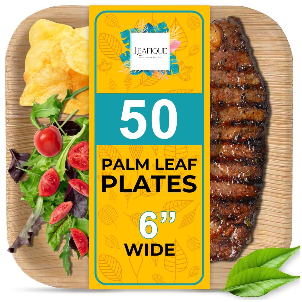 100% Natural 6 Palm Leaf Square Plate (50-pack), Compostable & Biodegradable Dinnerware for Catering, Birthdays, Halloween, BBQs, Thanksgiving, Alternative to Paper & Bamboo Plates Disposable