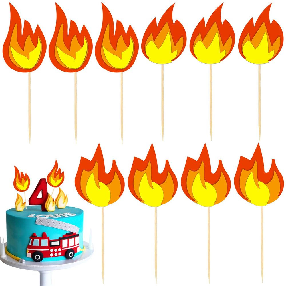 10 PACK Fire Truck Cake Topper, Fire Truck Birthday Party Supplies, Fire Cake Pick Fire Flame Cake Decorations, Paper Cards and Wooden Sticks Fake Campfire, Fire Truck Party Supplies