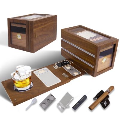 Bamboo&whale Detachable Cigar Case Set  Flexible,Carry-on -Cigar Accessories plate, Precision Humidity Control,with 6 Cigar Accessories, cigar box present set for cigar aficionado, brown