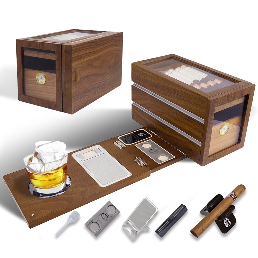 Bamboo&whale Detachable Cigar Case Set  Flexible,Carry-on -Cigar Accessories plate, Precision Humidity Control,with 6 Cigar Accessories, cigar box present set for cigar aficionado, brown