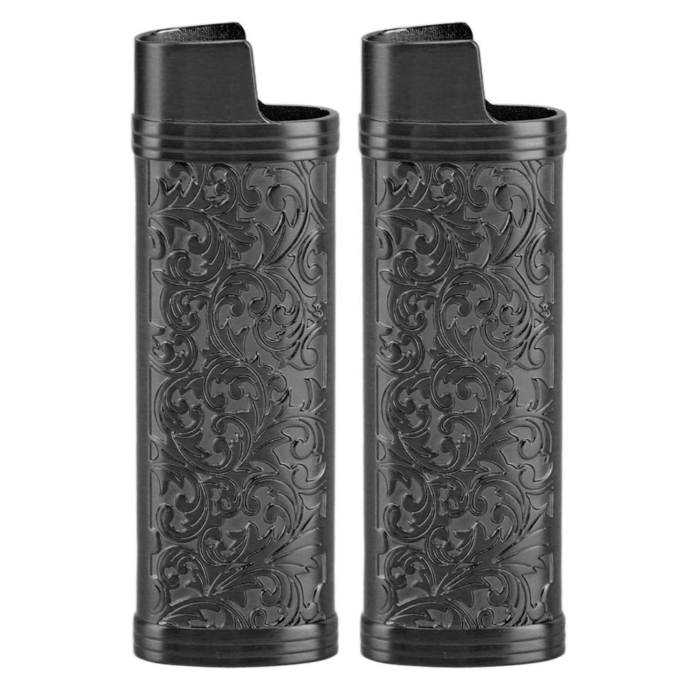 MUNEFE 2PCS Lihter Case Cover, Vintae Floral Stamped Zinc, Alloy Shell Vintae Metal Lihter Case for Lihter (Black)