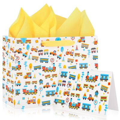 12 Large Train Gift Bag Set Birthday Gift Bag for Baby Boy Kids, Vehicle-themed Party Favor Bags with Greeting Card and Tissue Paper Train Wrapping Paper Bag for Baby Shower (Yellow Wrapping Paper)