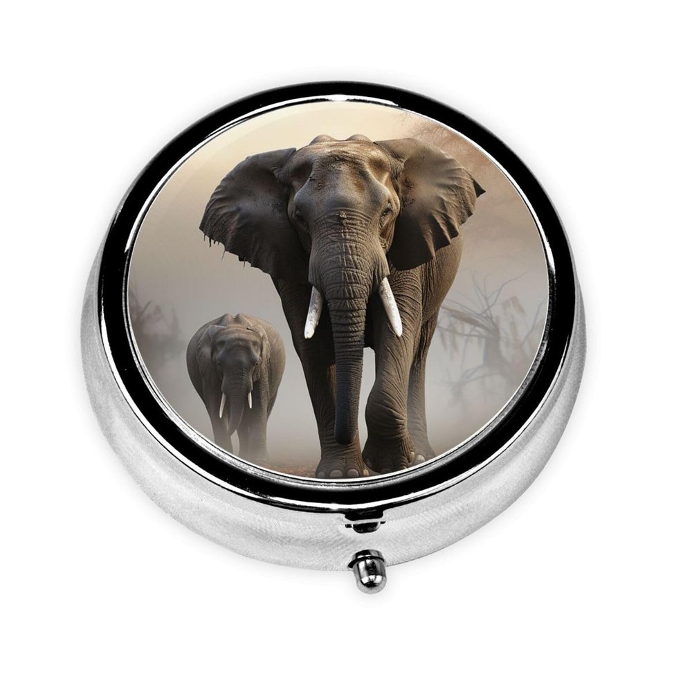 HCLYvexiria Pill Case Round Pill Box with 3 Compartment Pill Organize Elephant in The Fog Pillbox Small Pill Organizer Waterproof Small Pill Case for Travel Pill Containers for Medication Planner