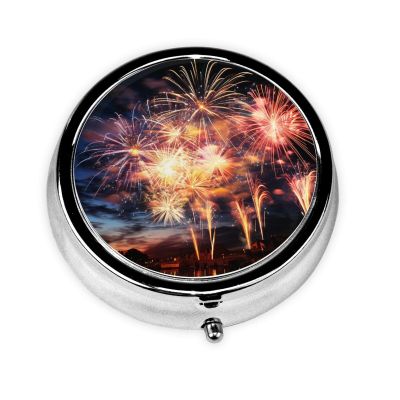 HCLYvexiria Pill Case Round Pill Box with 3 Compartment Pill Organize Beautiful Fireworks Pillbox Small Pill Organizer Waterproof Small Pill Case for Travel Pill Containers for Medication Planner