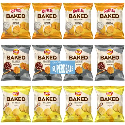 Baked Variety Pack 4 Ruffles Cheddar & Sour Cream Crisps, 4 Lay's Barbecue Potato Crisps, 4 Lay's Original Potato Crisps, 1.125 Ounce (Pack of 12) Value Pack Bundled by SUPERDEALS with Mystery Gift